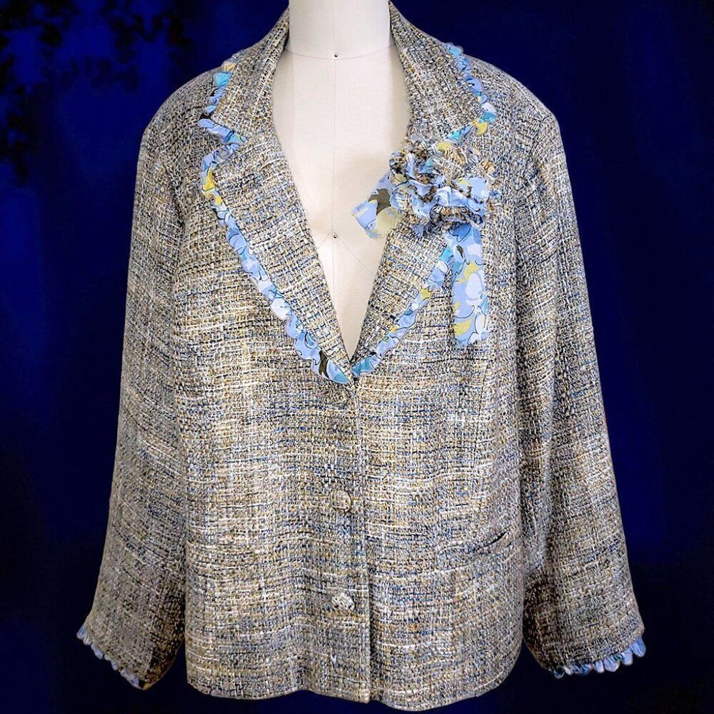 Meadow Bloom floral ivory pale blue Tweed plus size Jacket blazer
